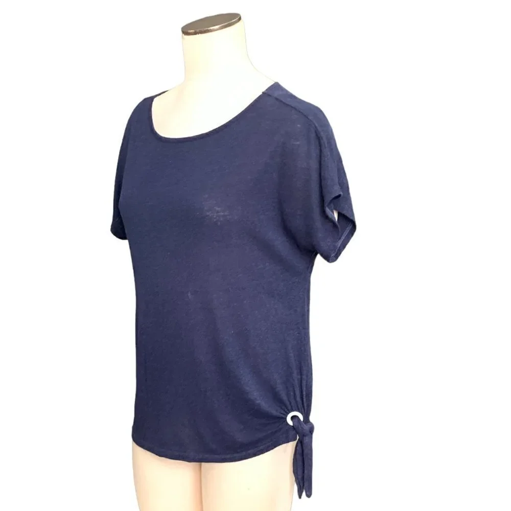Michael Kors Linen-Viscose‎ Short Sleeve Tee Side Tie Sz M Navy Blue 104D